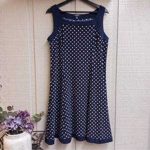 Chaps Navy and White Polka-Dot Dress